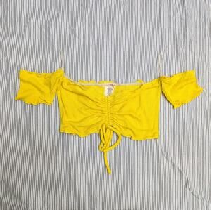 image nation - Yellow Ribbed Ruched Off Shoulder Tie Front Crop Top - Sz S-M
